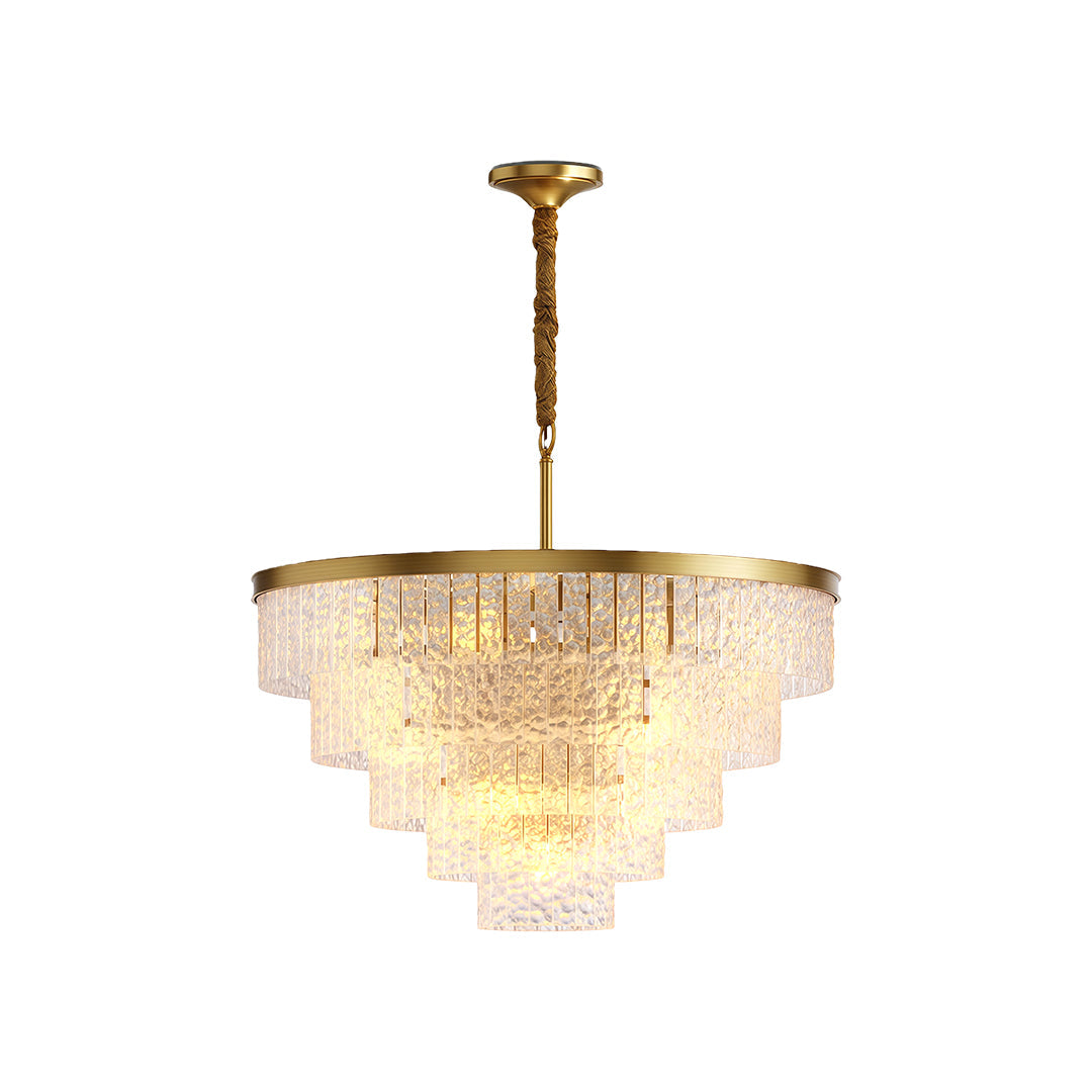 Round modern chandelier with antique brass and dense tiered crystal configuration