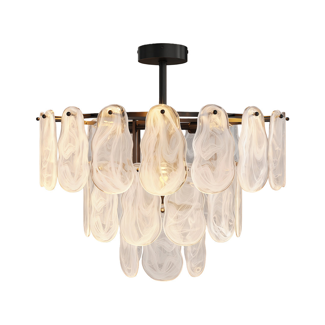 Modern luxury chandeliers with black oxide finish and dramatic glass panel configuration