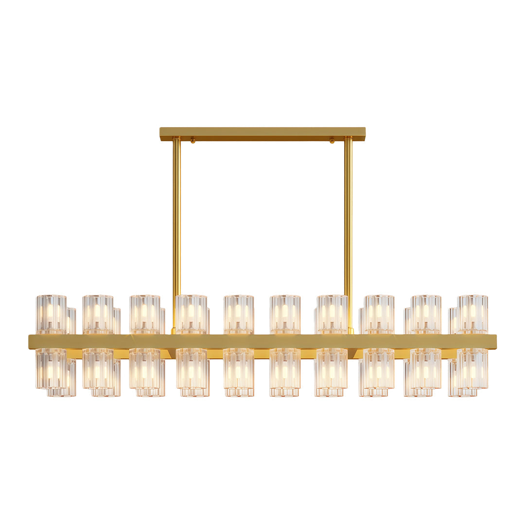 Luxury crystal chandeliers with brass linear frame and evenly spaced glass elements