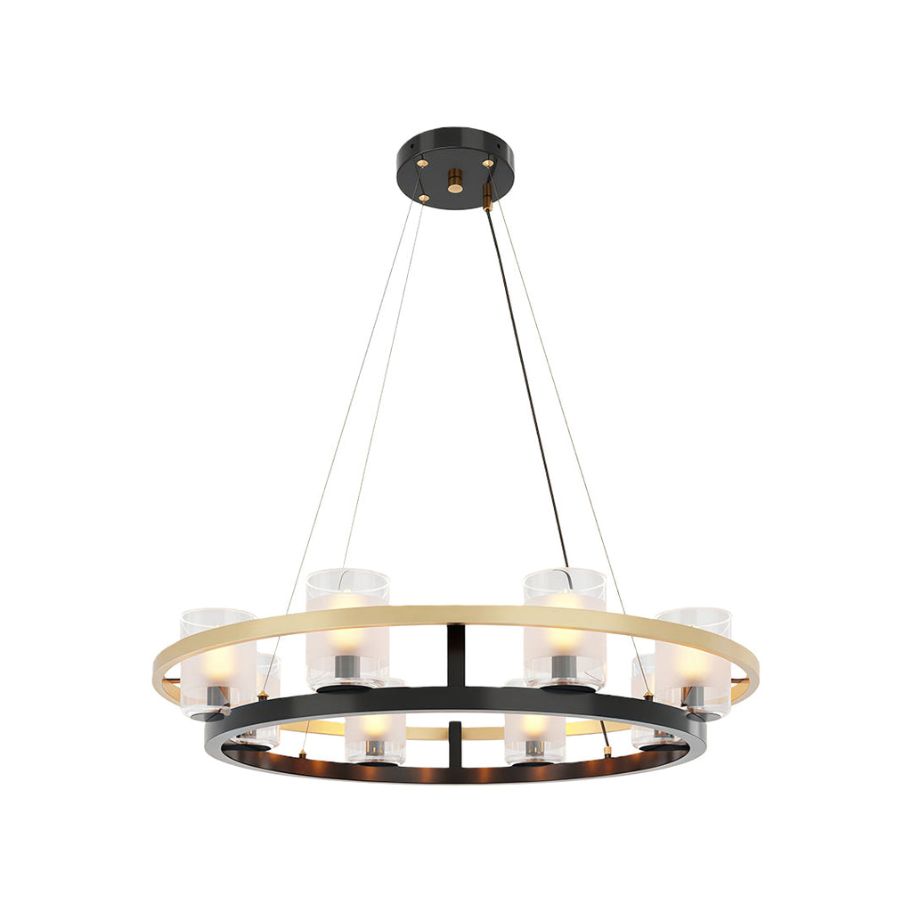 Close-up of modern luxury chandeliers showcasing candle-style lights and elegant metal frame.