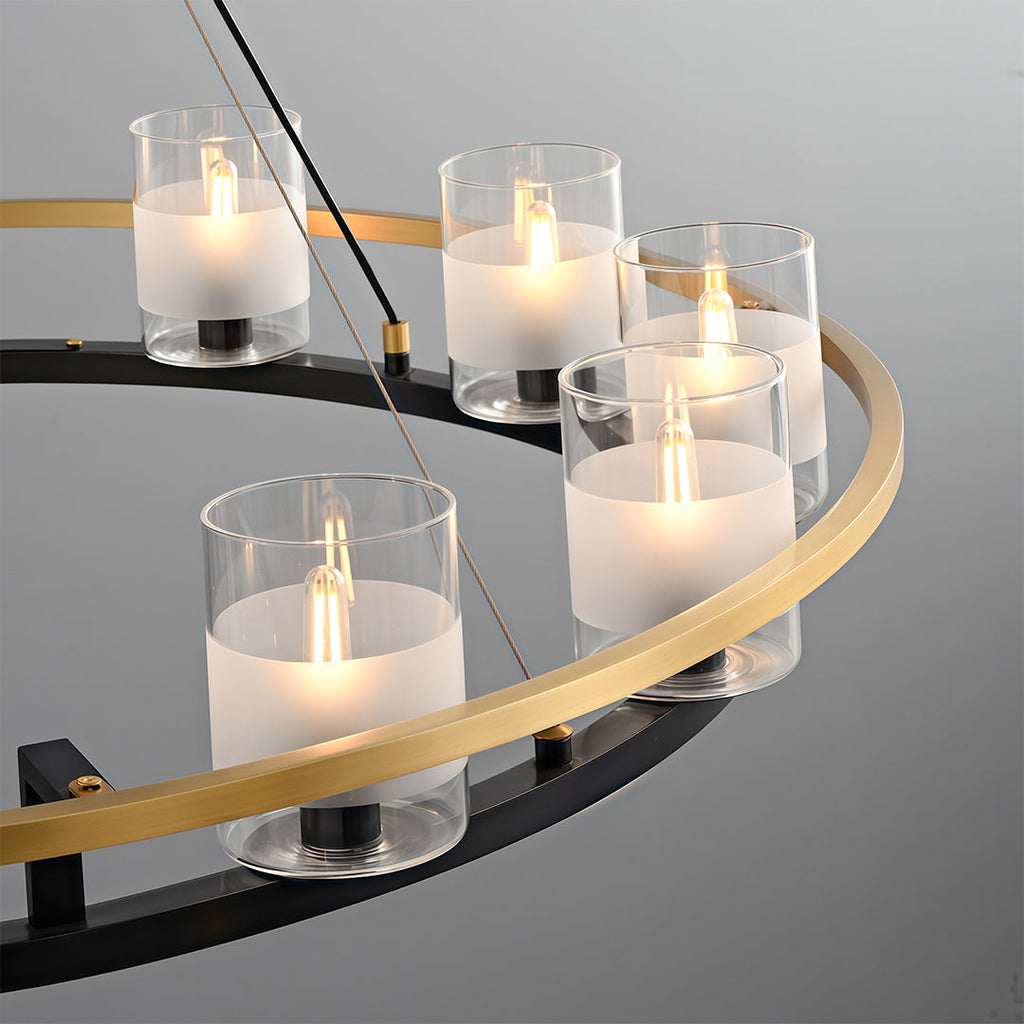 Contemporary modern luxury chandeliers with candle-style lights, adding warmth to a modern kitchen.