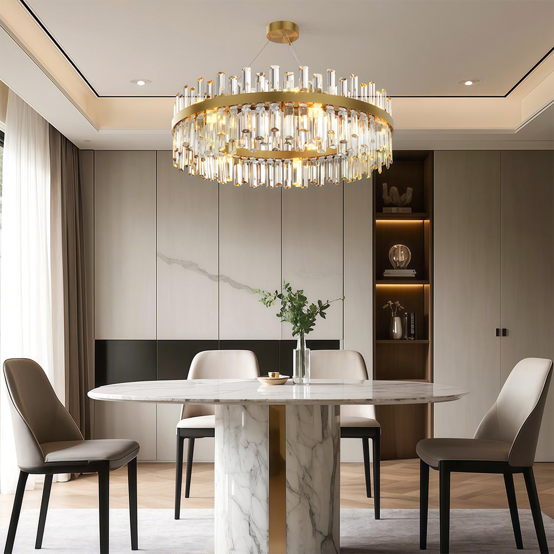 Modern luxury chandeliers enhancing contemporary dining area with open shelving and modern seating