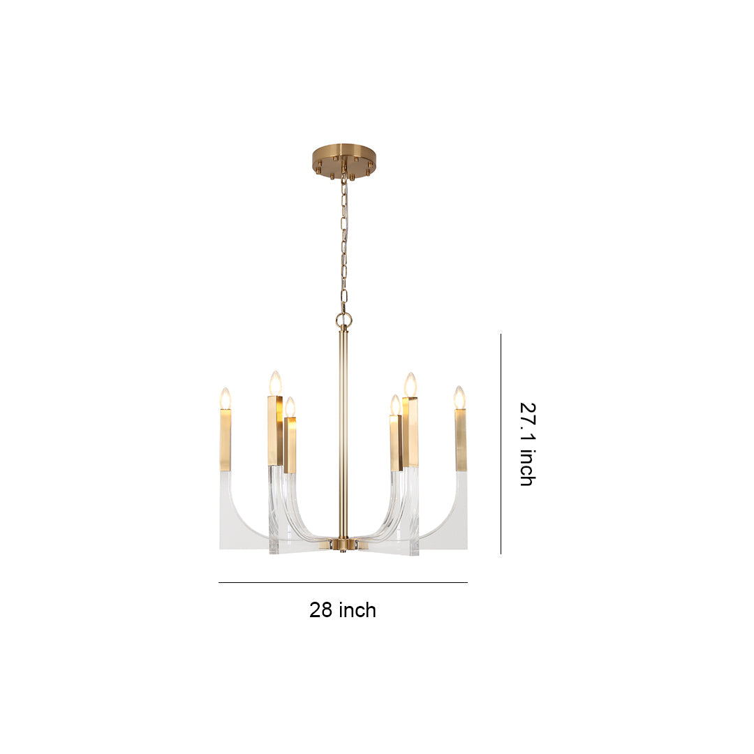 Dimensions graphic for the acrylic chandeliers, detailing its 26-inch width and 27.1-inch height, suitable for medium-sized rooms.
