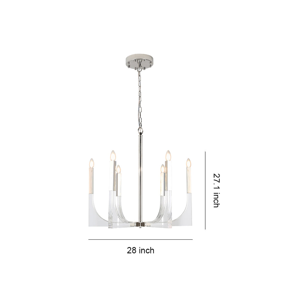Dimensions graphic for the modern retro chandeliers, detailing its 27-inch height and 28-inch diameter.