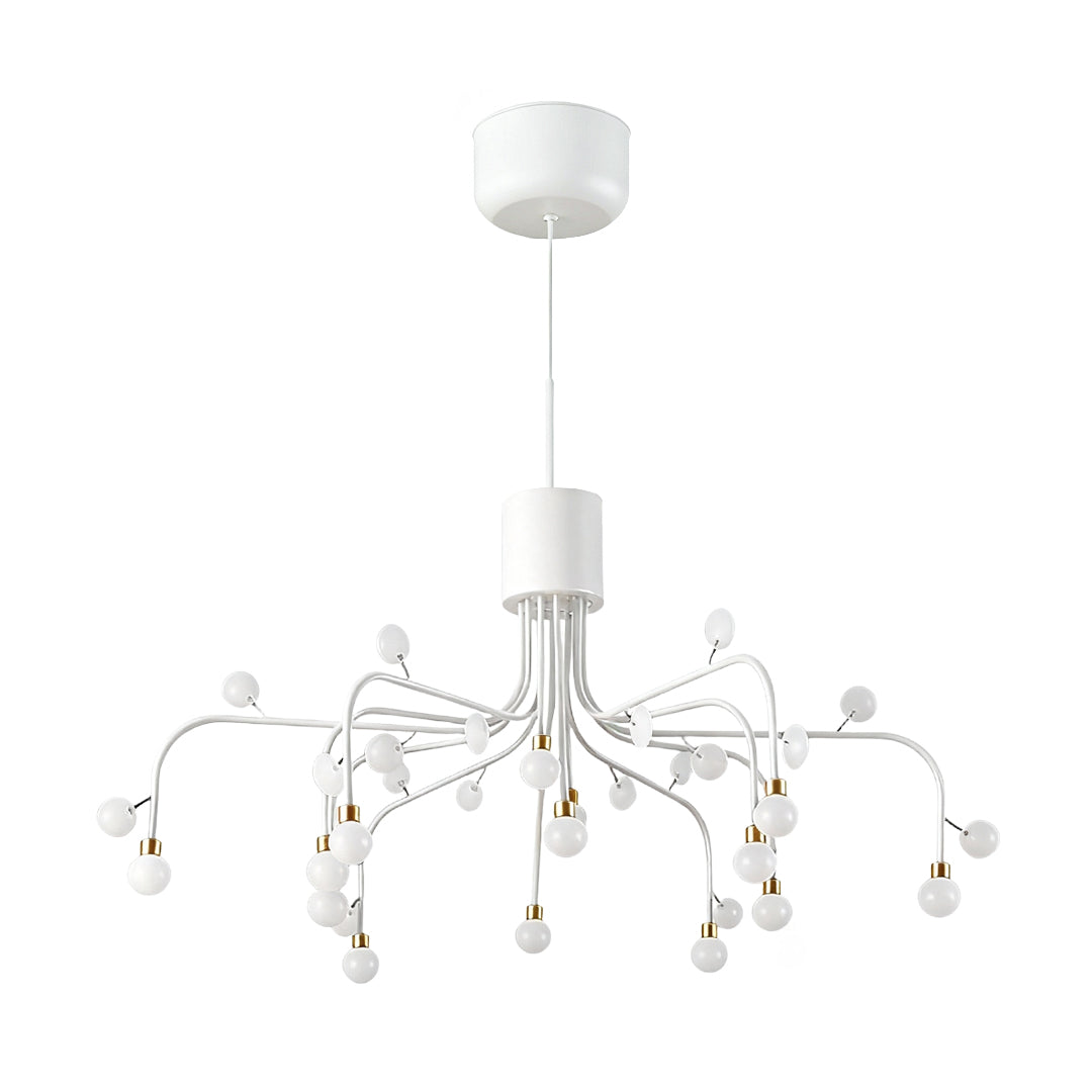 Elegant modern retro chandelier with arching arms and opal glass globe lights in white finish