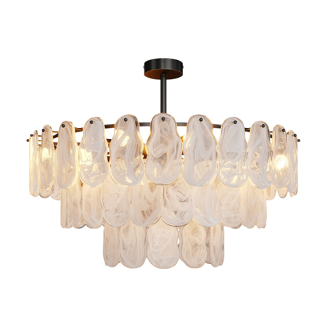 Midcentury modern chandelier with elongated black frame and horizontal glass panel layers
