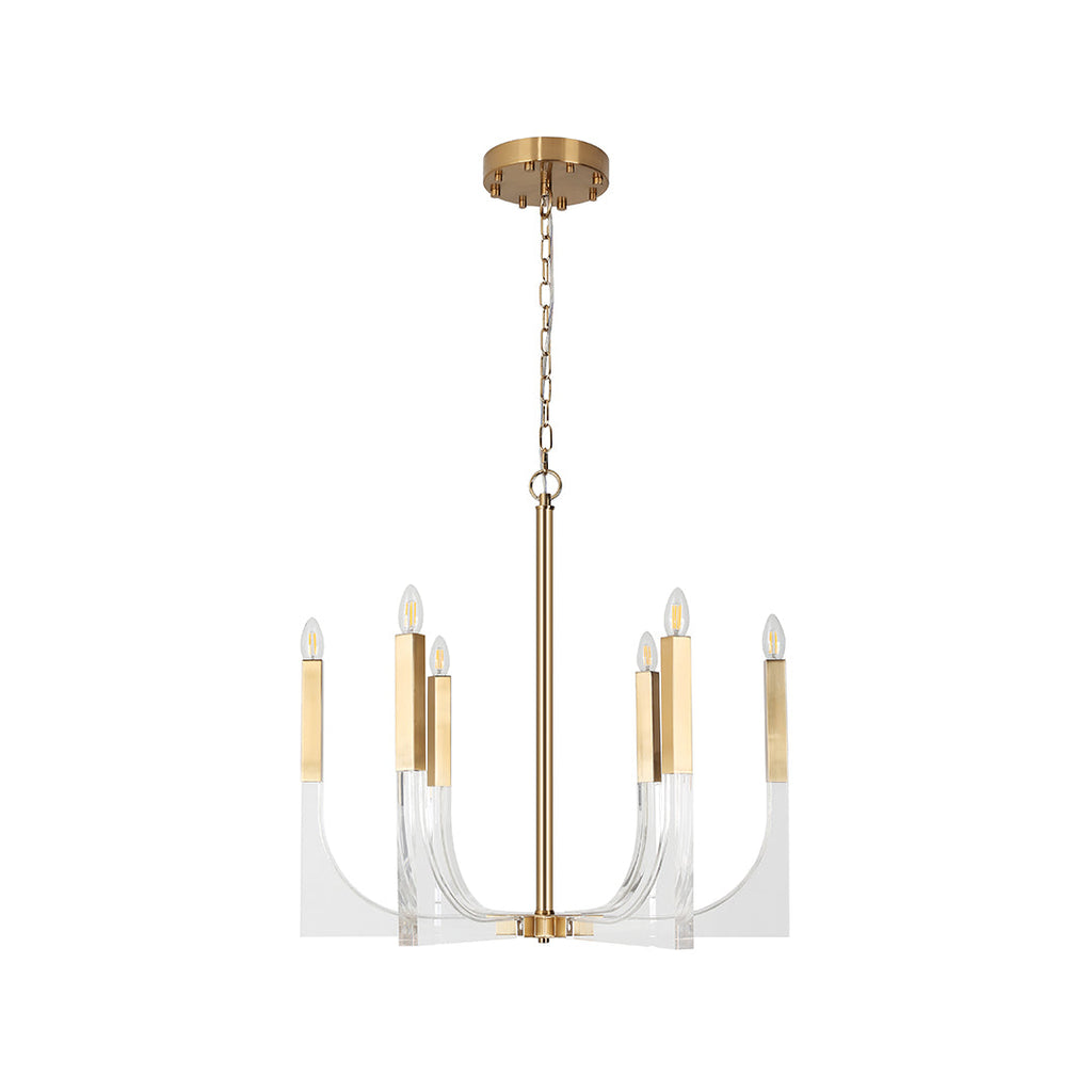 Isolated view of the acrylic chandeliers, highlighting the clear, curved base that supports the metal arms for a sleek, modern look.