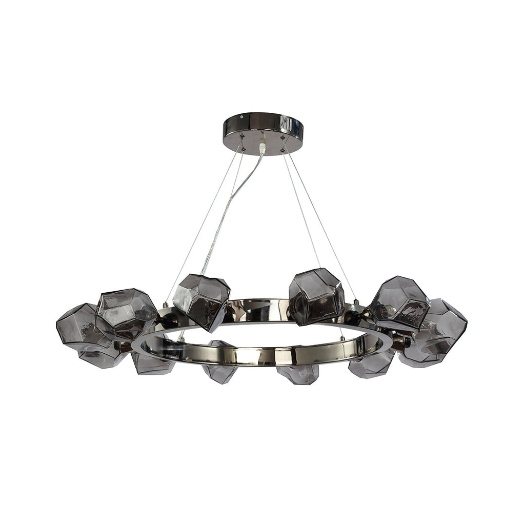 Isolated view of the black round chandelier with a polished nickel frame and large, dark gray faceted crystal accents.