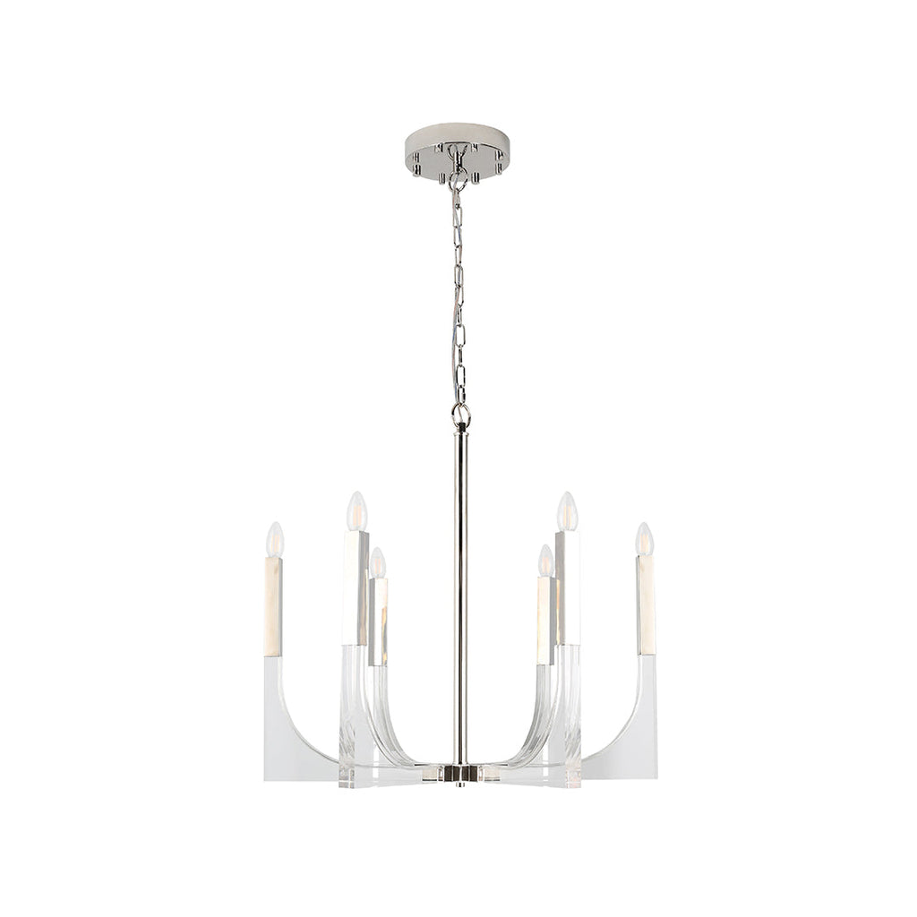 Isolated view of the six-light retro chandeliers featuring a sleek chrome frame and stylized candle bulbs.