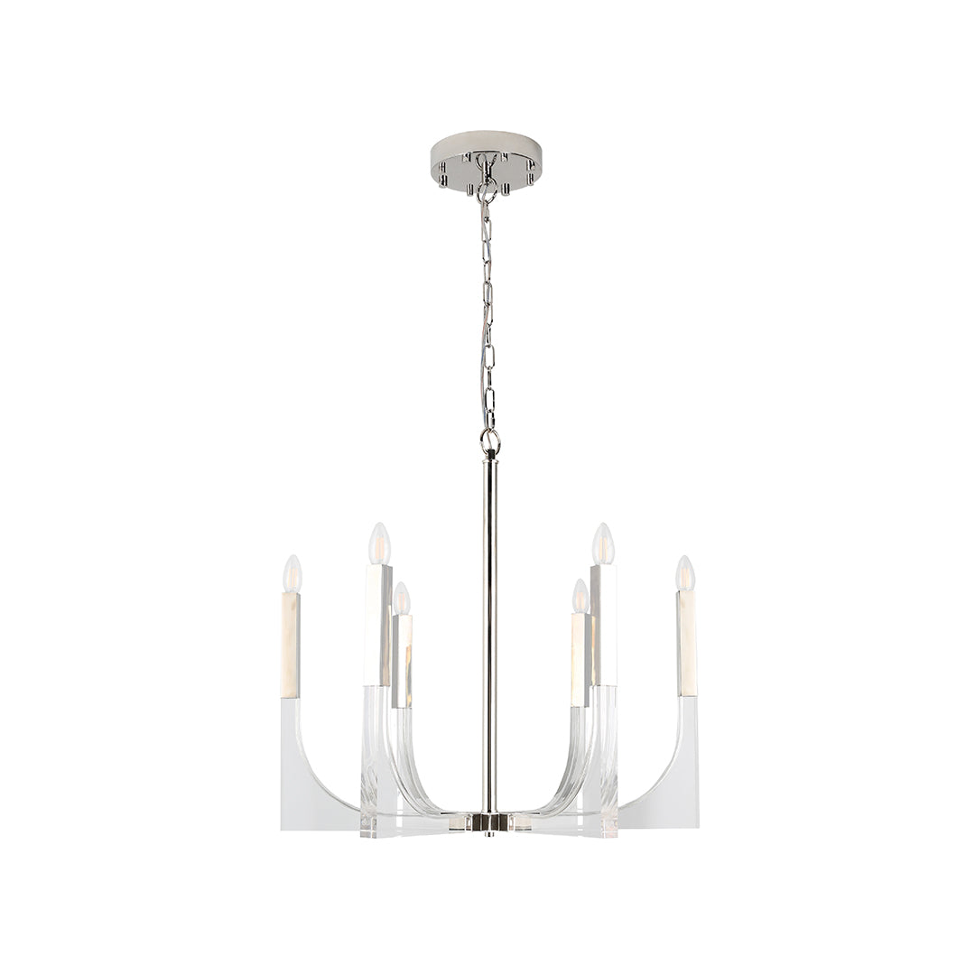Isolated view of the six-light retro chandeliers featuring a sleek chrome frame and stylized candle bulbs.