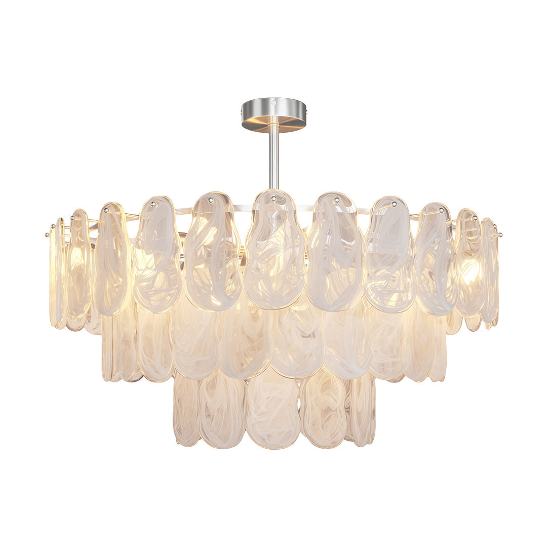 Modern luxury chandeliers in linear chrome design with symmetrical frosted glass elements