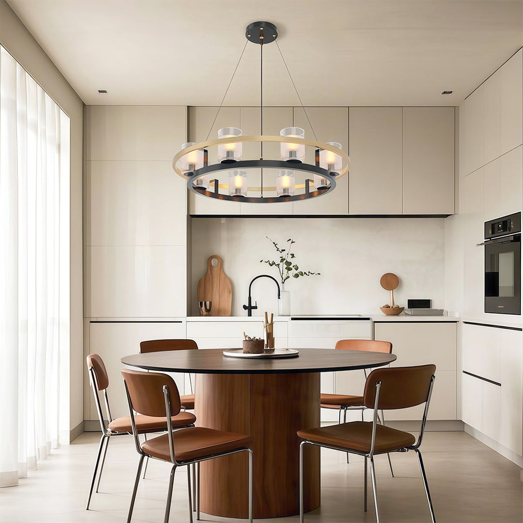 Luxurious modern luxury chandeliers suspended above a round dining table in a minimalist kitchen.