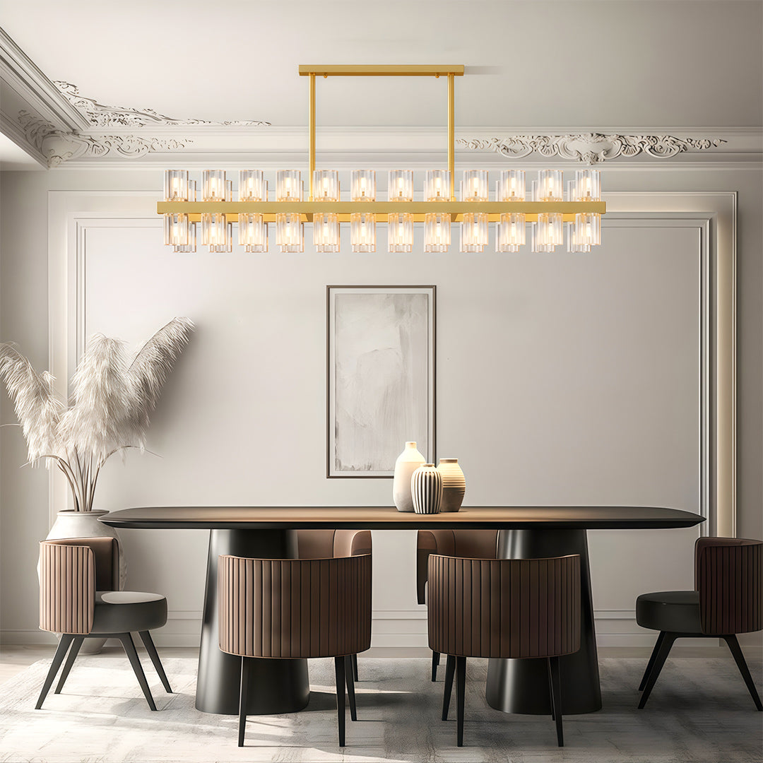 Luxury crystal chandeliers enhancing contemporary dining space with dark wood furniture