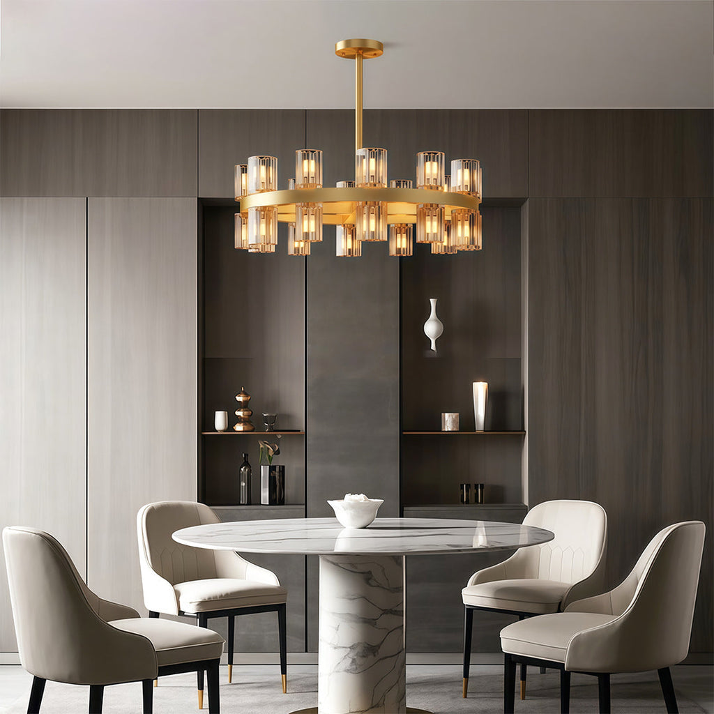 Luxury crystal chandeliers above contemporary dining table with round sculptural base