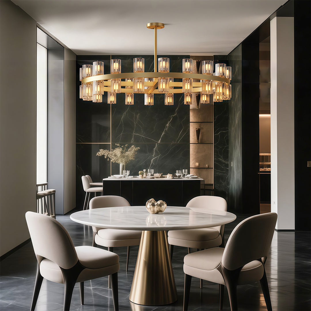 Luxury crystal chandeliers creating dramatic effect in modern dining space with dark walls