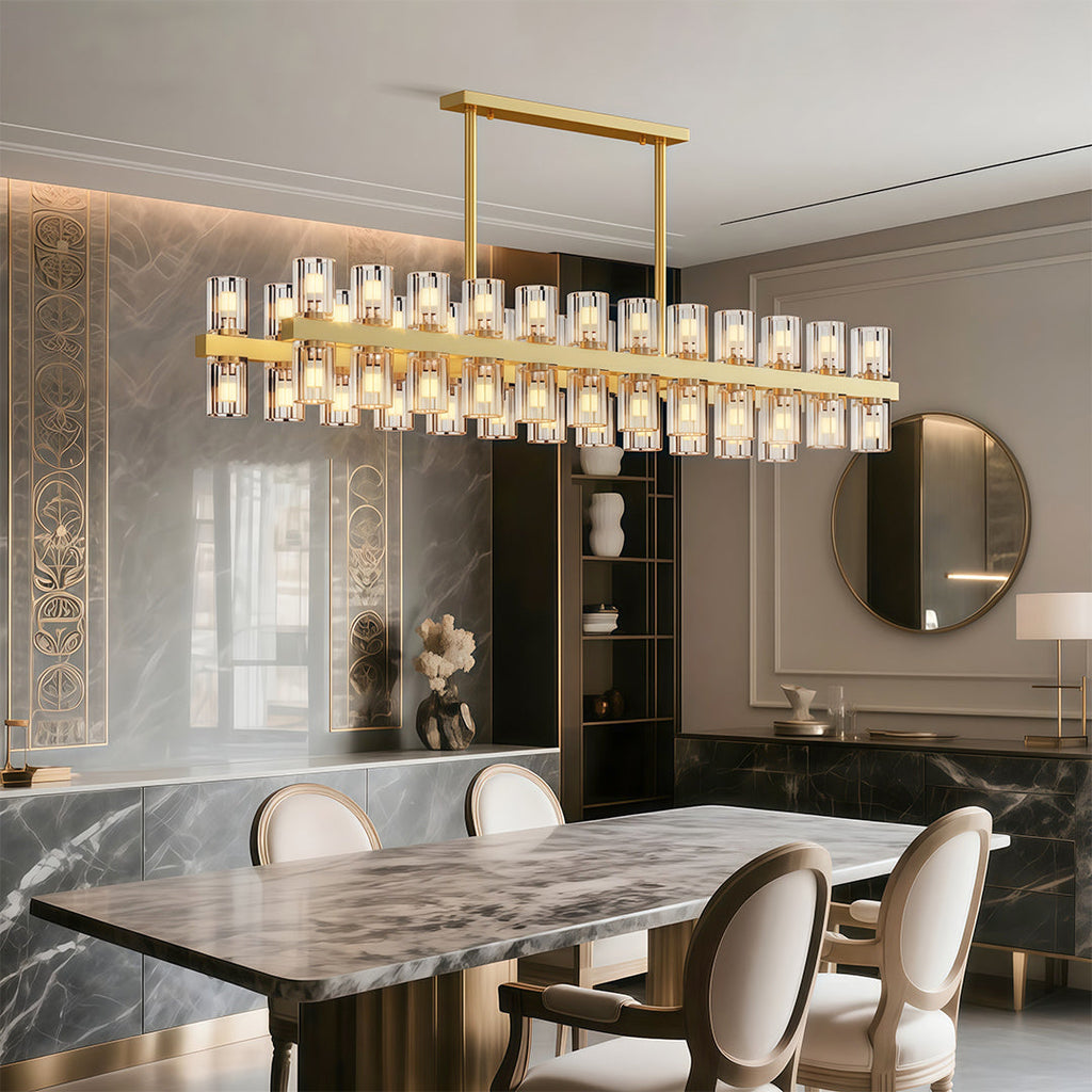 Modern luxury chandeliers creating focal point in elegant dining space with curved seating