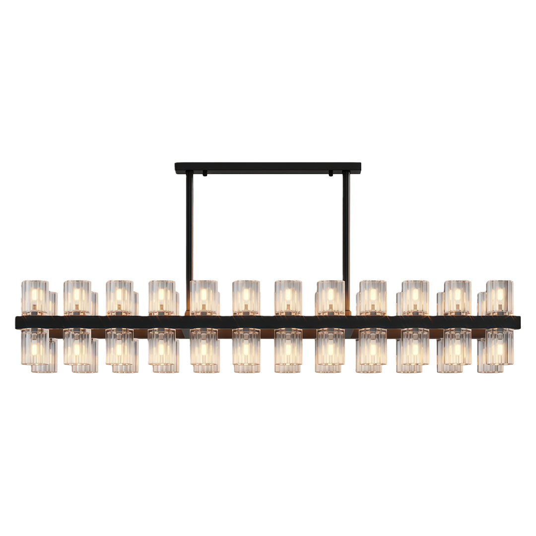 Modern luxury chandeliers lighting luxurious dining room with dramatic marble walls