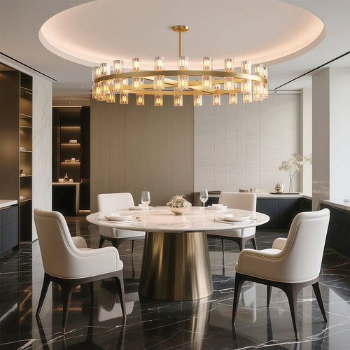 Modern luxury chandeliers above modern dining table in sophisticated neutral interior