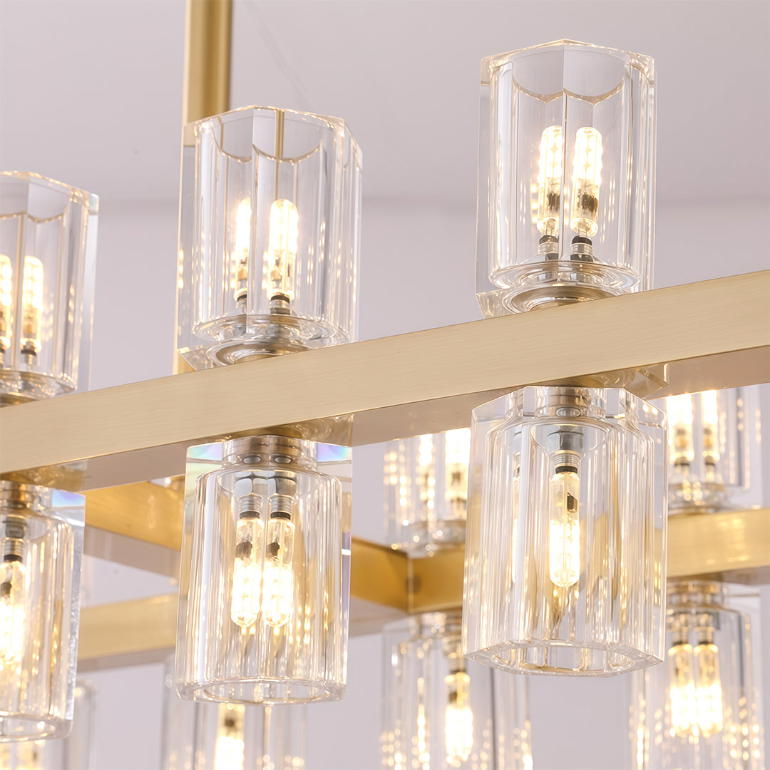 Modern luxury chandeliers perspective view highlighting vertical crystal glass arrangement