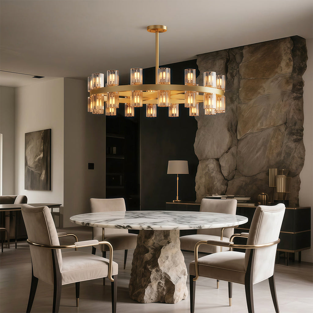 Modern luxury chandeliers enhancing sophisticated dining room with textured wall accent