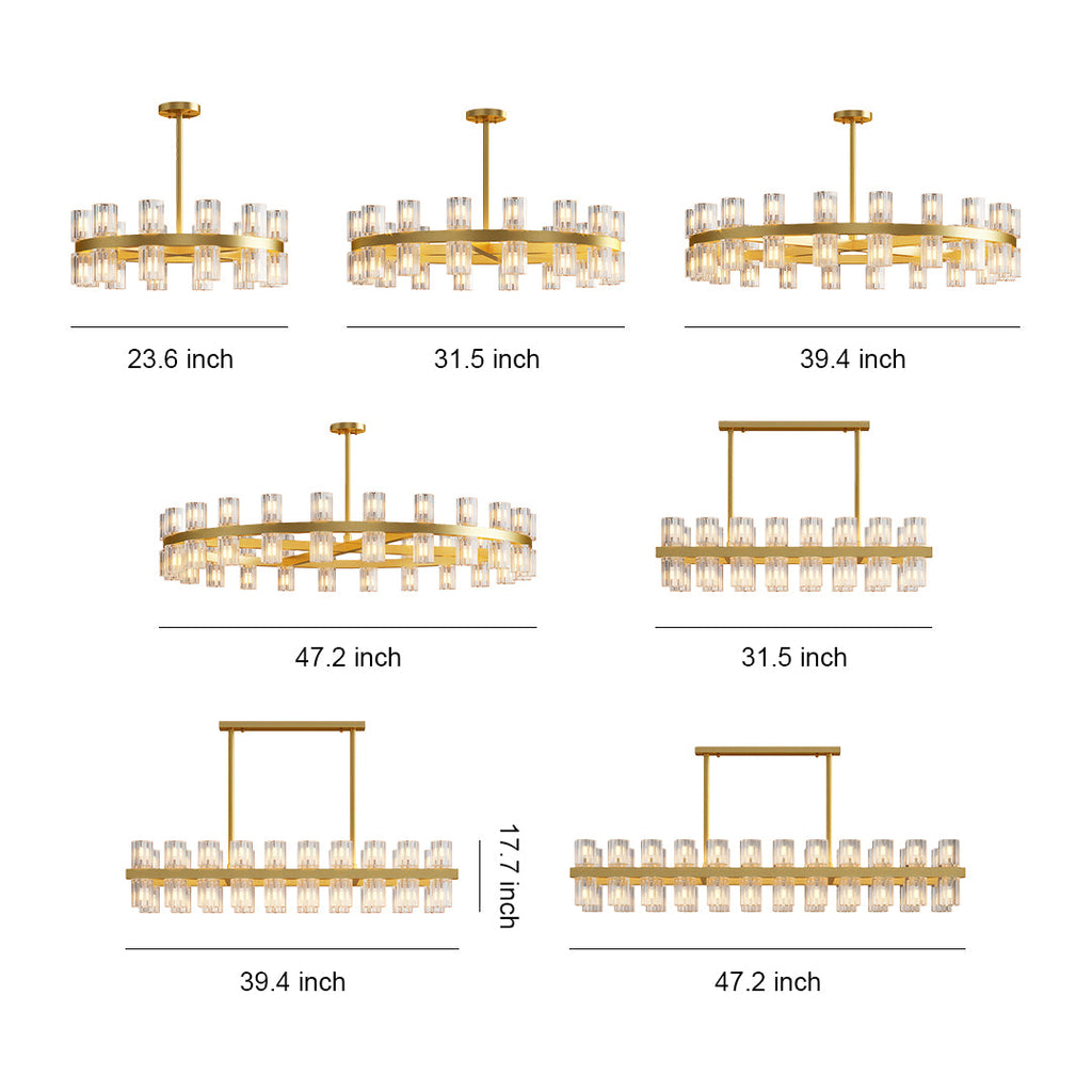 Luxury crystal chandeliers specification diagram showing multiple size and configuration options