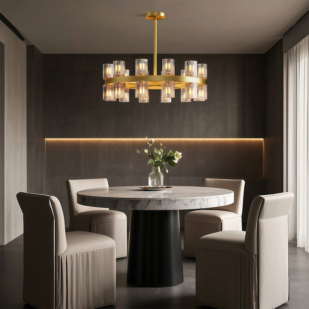 Modern luxury chandeliers creating warm ambiance in elegant dining room with upholstered chairs