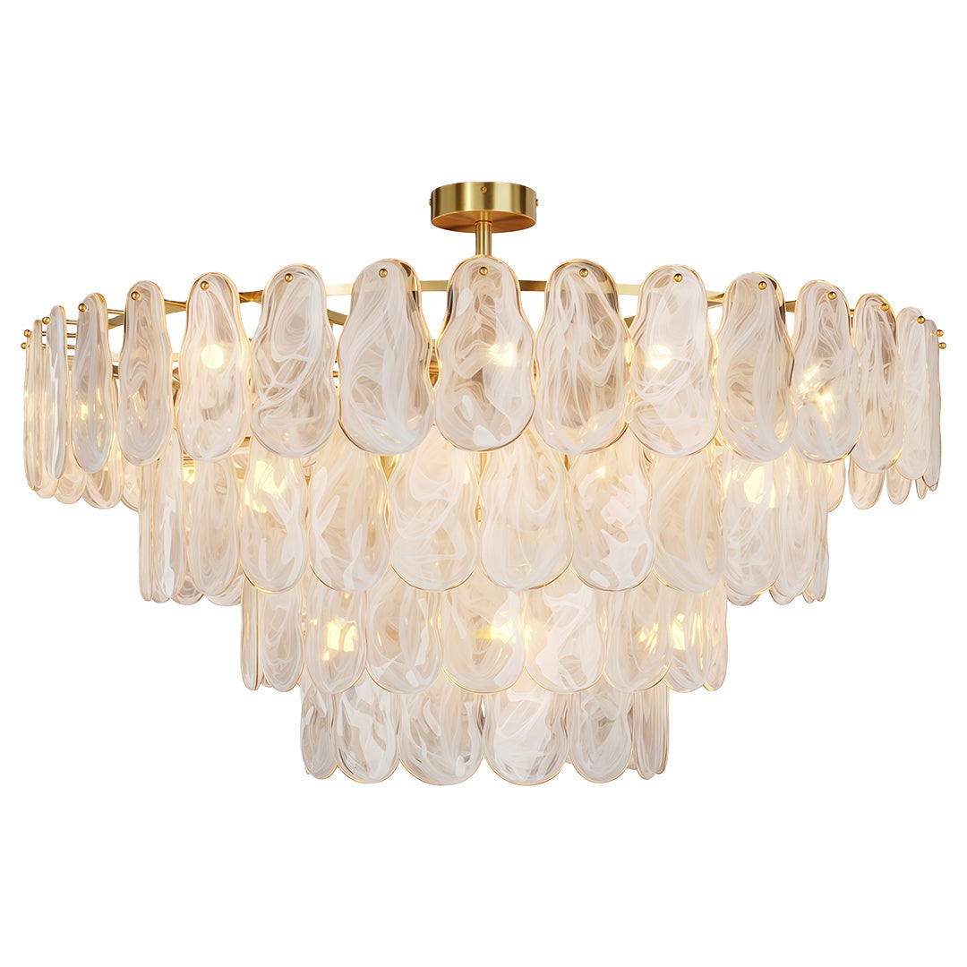 Modern luxury chandeliers close-up showcasing brass chain and frosted glass panel detail