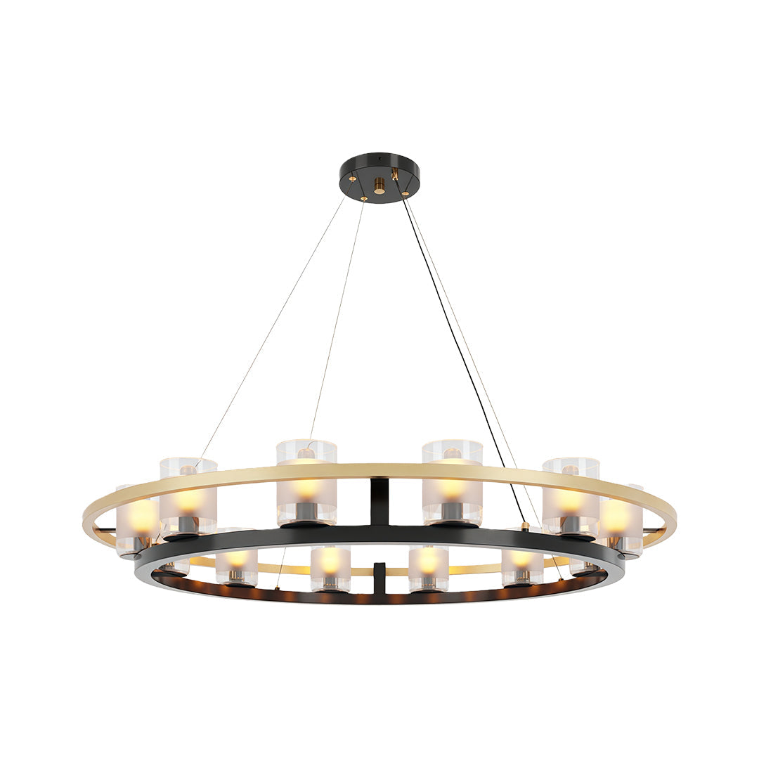 Minimalist modern luxury chandeliers with a circular design, hanging in a modern interior setting.