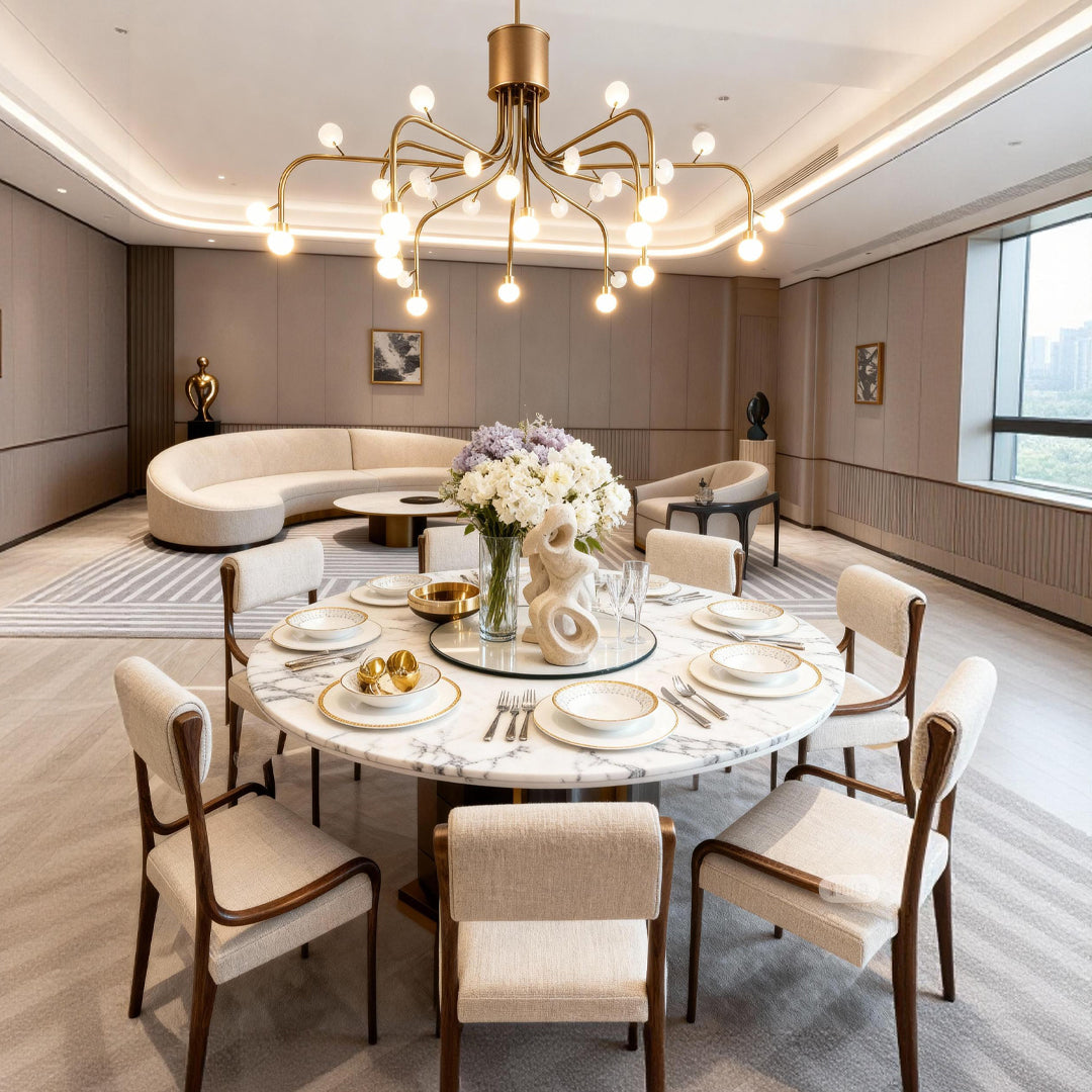 Modern retro chandelier suspended above round dining table in elegant space with upholstered chairs and artwork