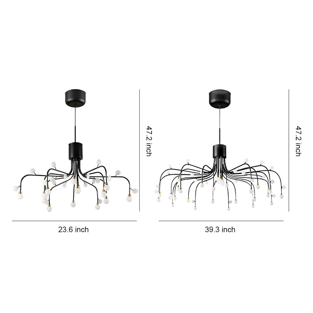 Modern retro chandelier with starburst design featuring curved arms and glass bubble pendants in black finish