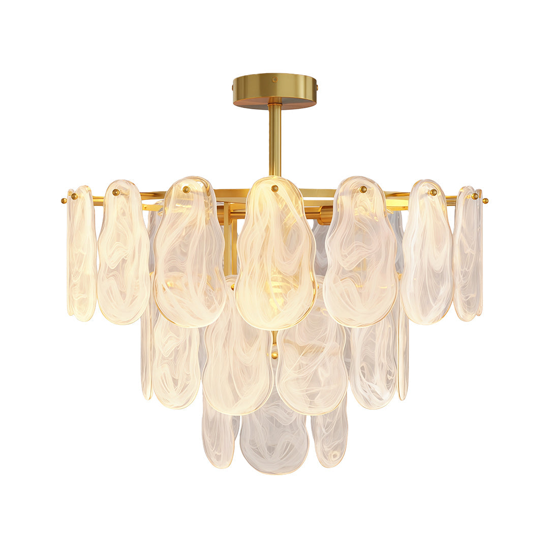 Modern luxury chandeliers featuring polished brass with layered translucent glass disc design