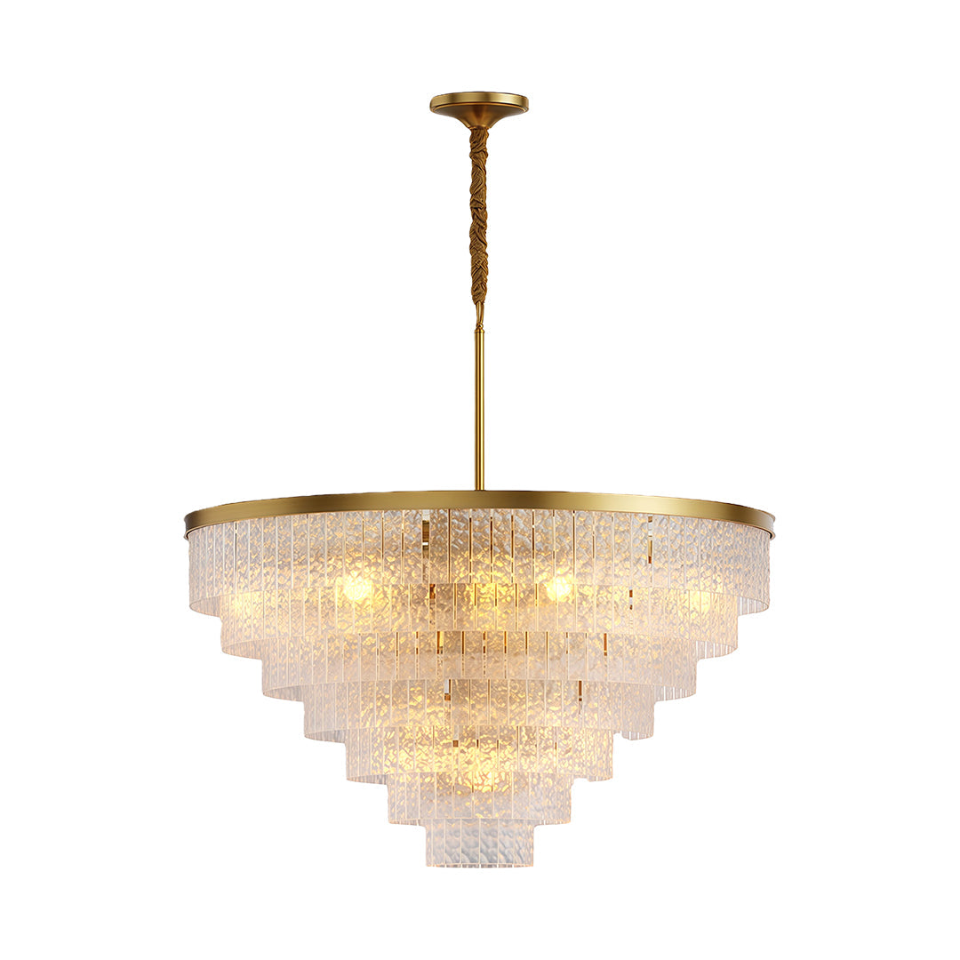Modern luxury chandeliers with polished brass and multi-tier textured glass arrangement