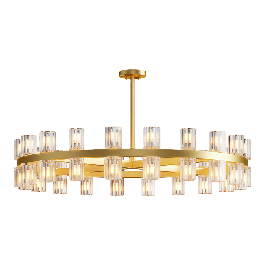 Modern luxury chandeliers with polished brass and symmetrical crystal glass design