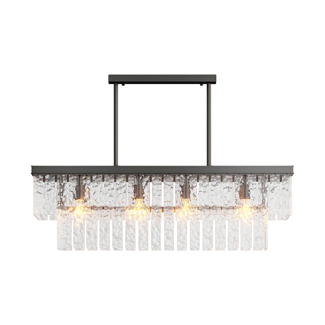 Round modern chandelier with rectangular black frame and cascading crystal glass rods