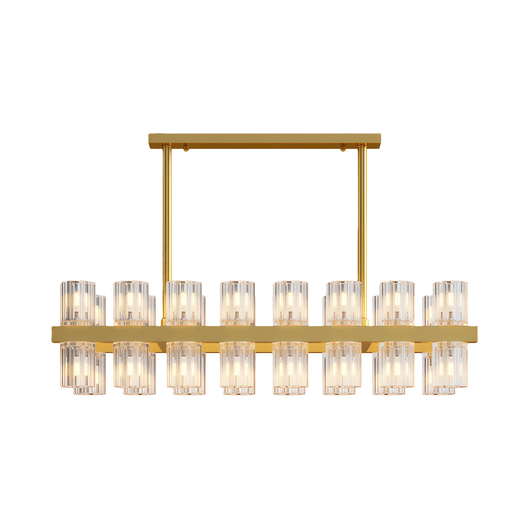 Modern luxury chandeliers with rectangular brass frame and linear glass arrangement