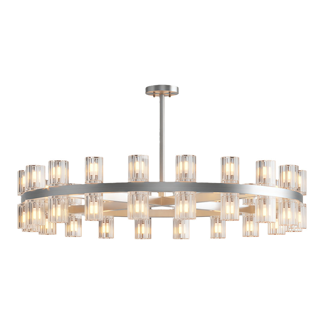 Luxury crystal chandeliers featuring satin chrome with radial glass cylinder configuration