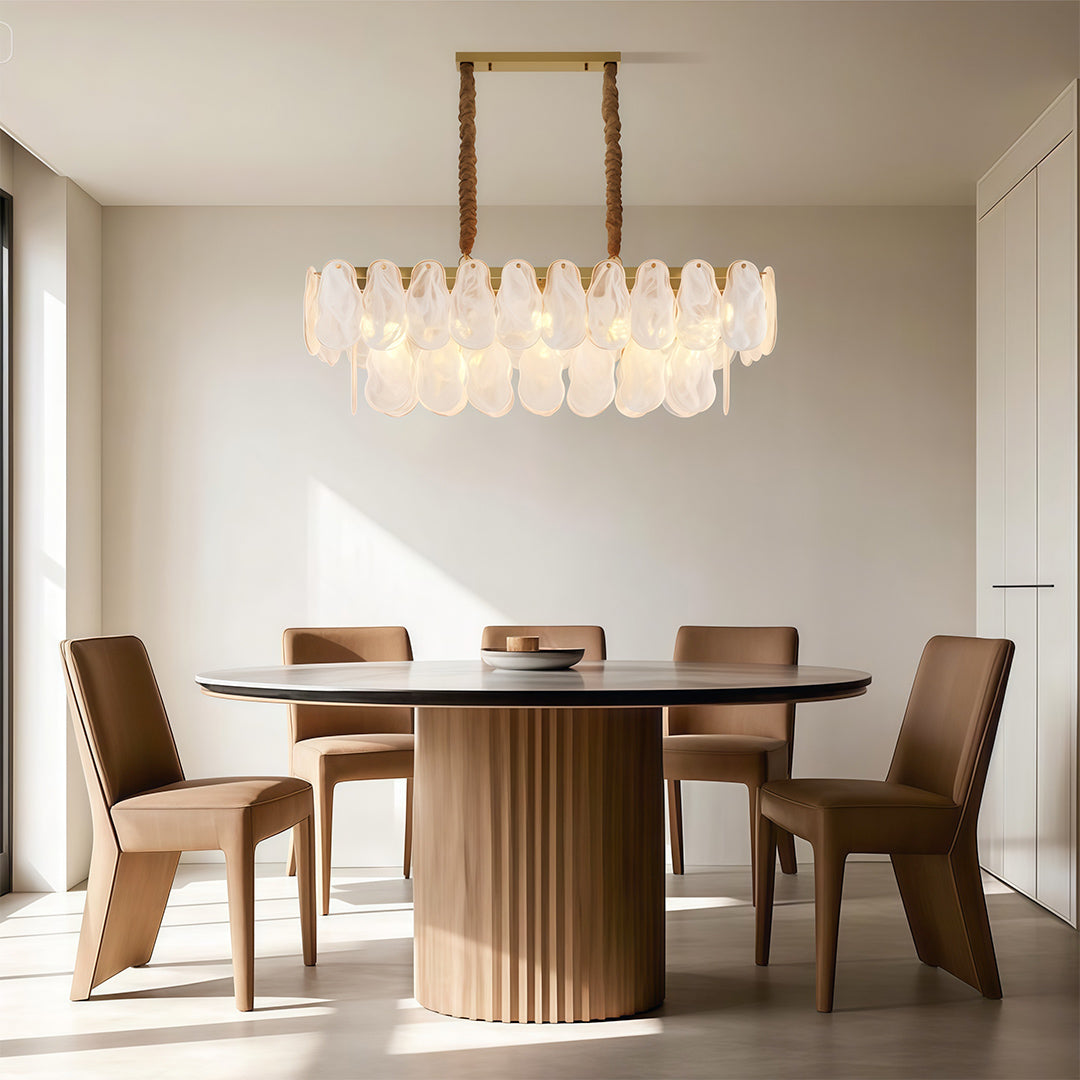 Midcentury modern chandelier featuring satin nickel with geometric frosted glass arrangement