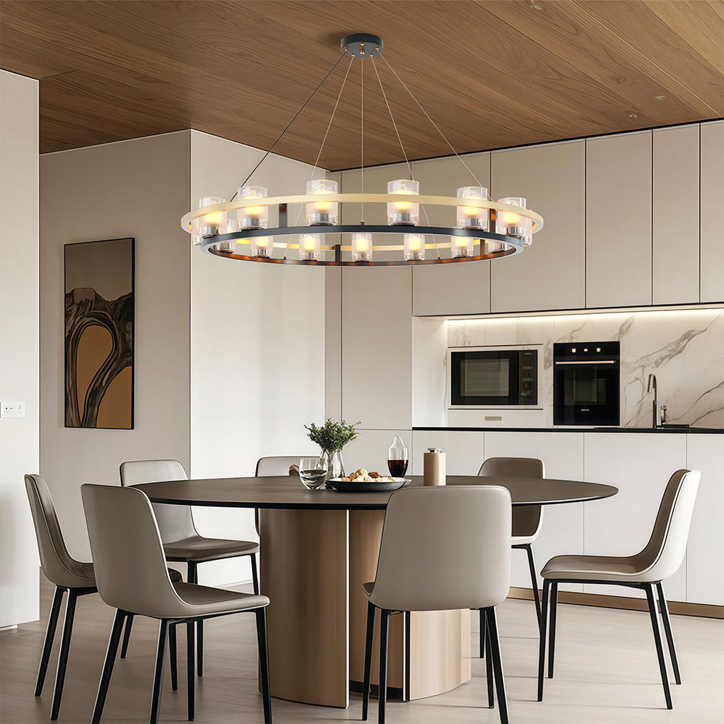 Sophisticated modern luxury chandeliers with a wooden and metal frame, enhancing a modern dining area.