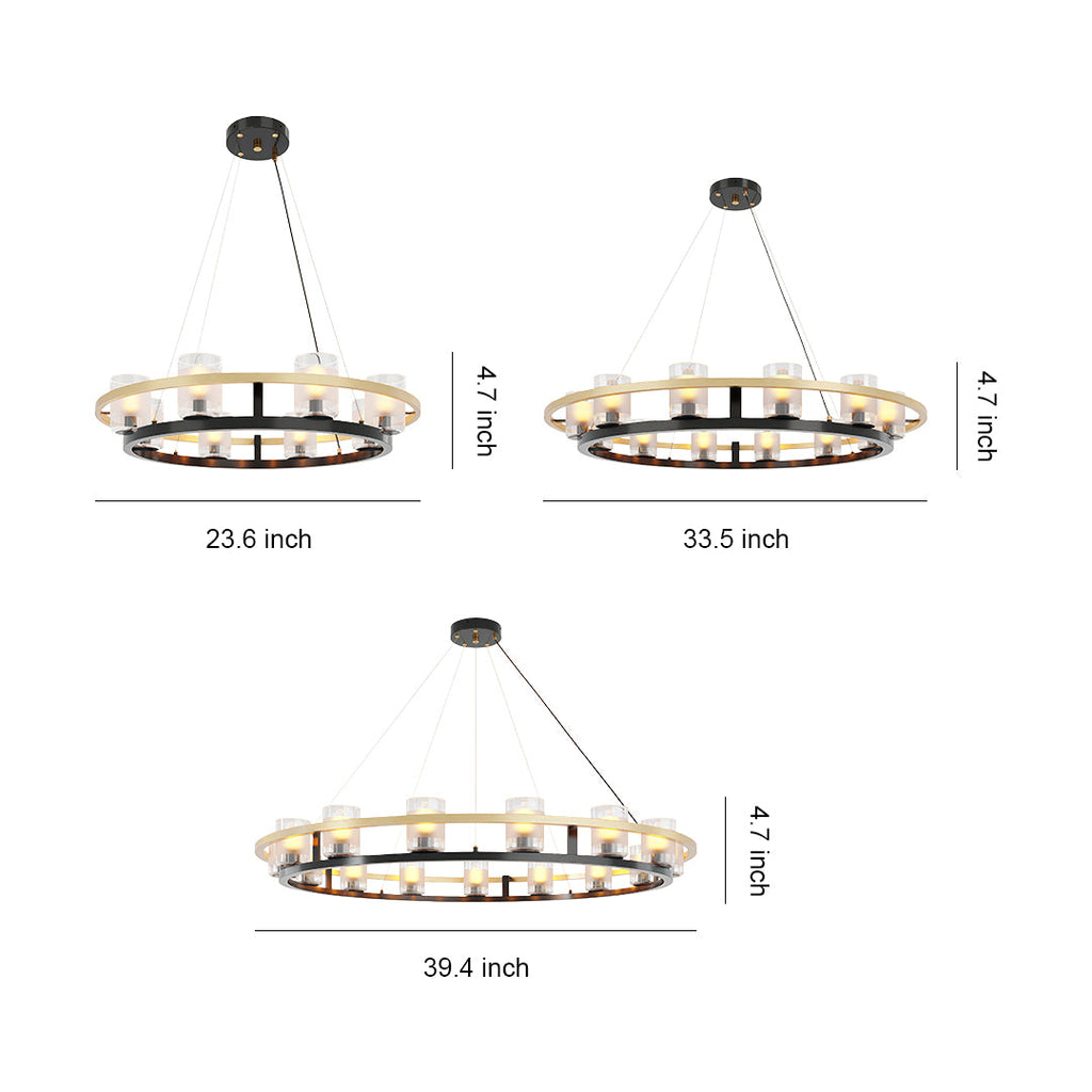 Technical diagram of modern luxury chandeliers showing dimensions and design specifications.