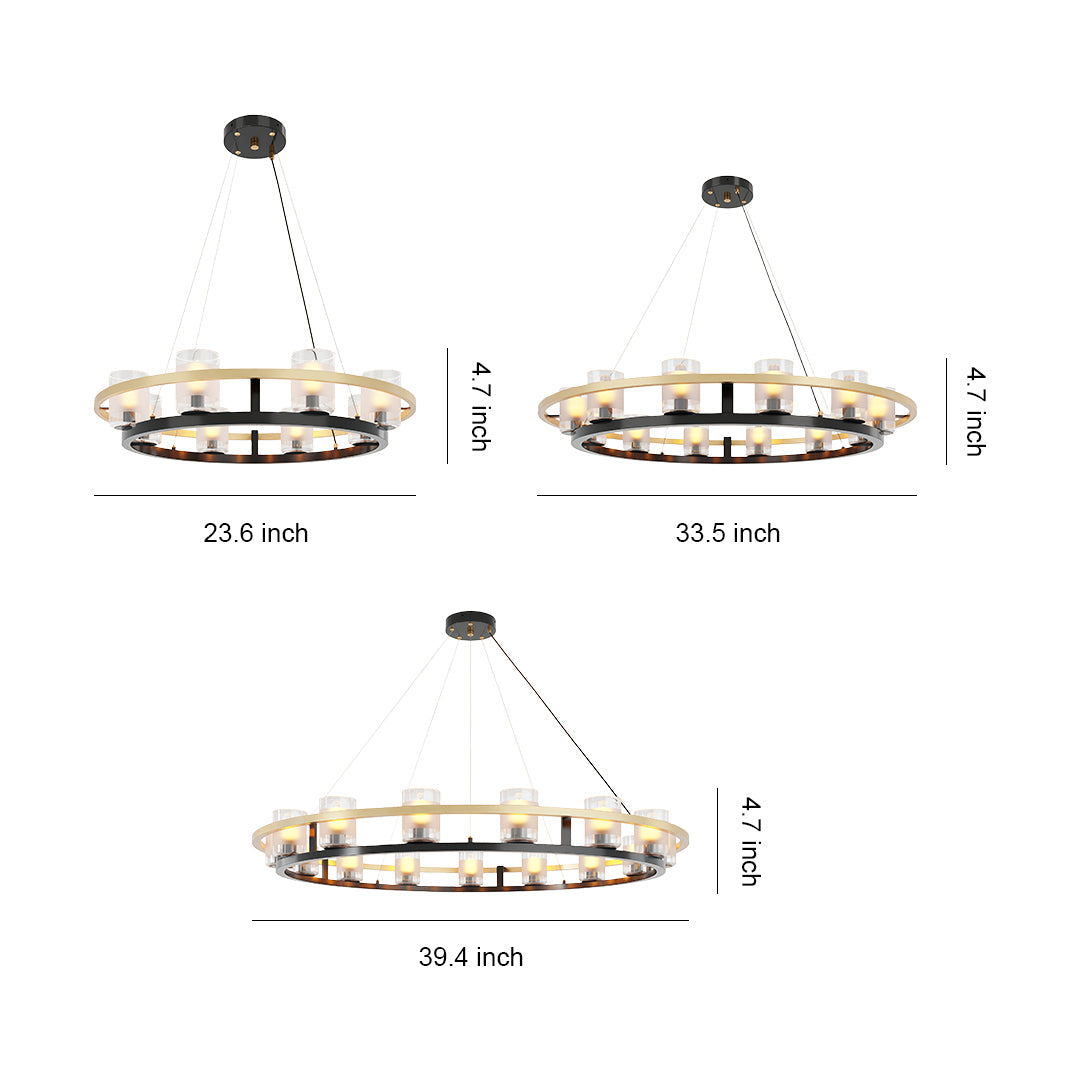 Technical diagram of modern luxury chandeliers showing dimensions and design specifications.