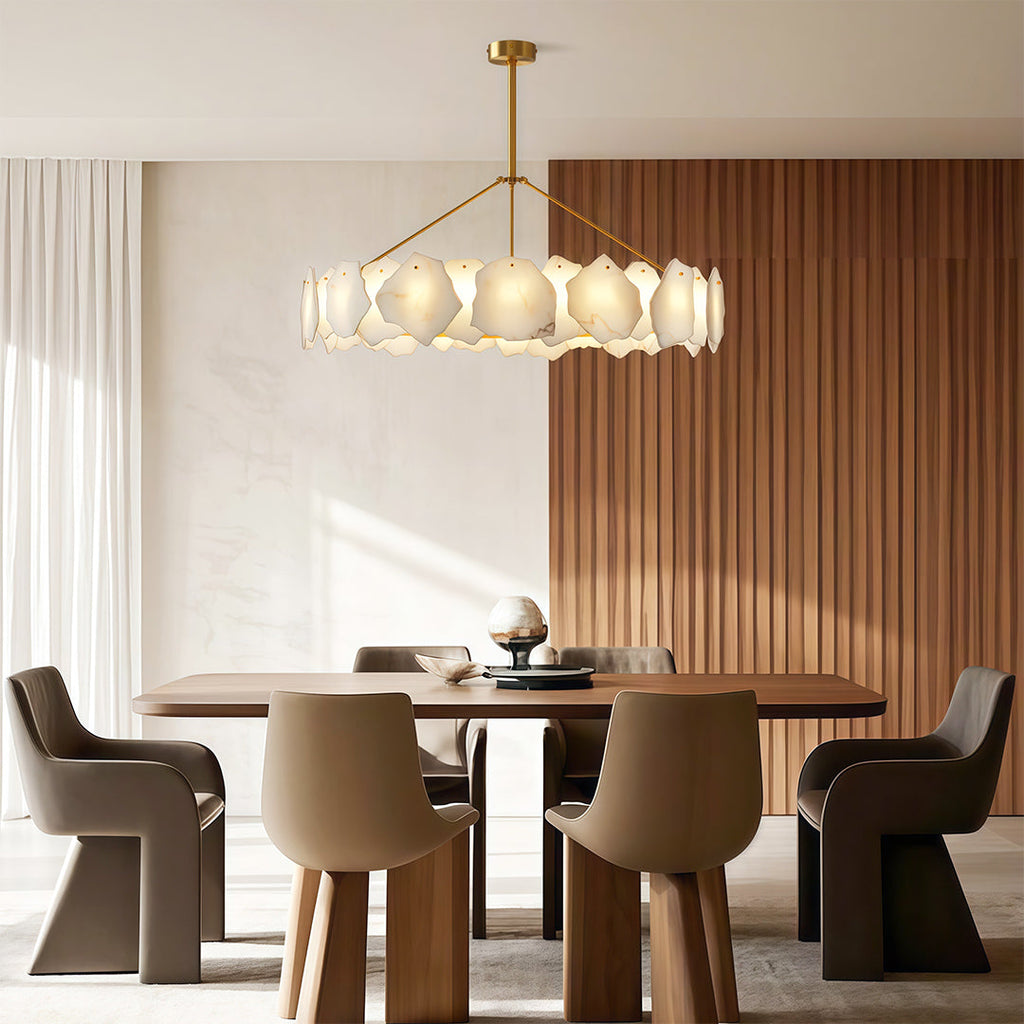 Modern luxury chandeliers detail showcasing brass mounting and translucent glass panel assembly