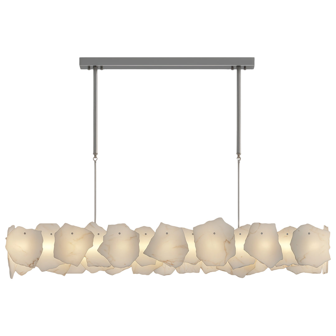 Modern luxury chandeliers above elegant dining table with curved chairs and art deco styling